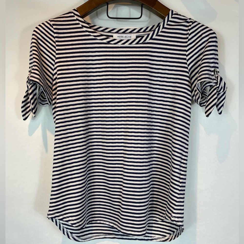 Women's Rose & Olive short sleeve nautical shirt in navy & white, Size Med.